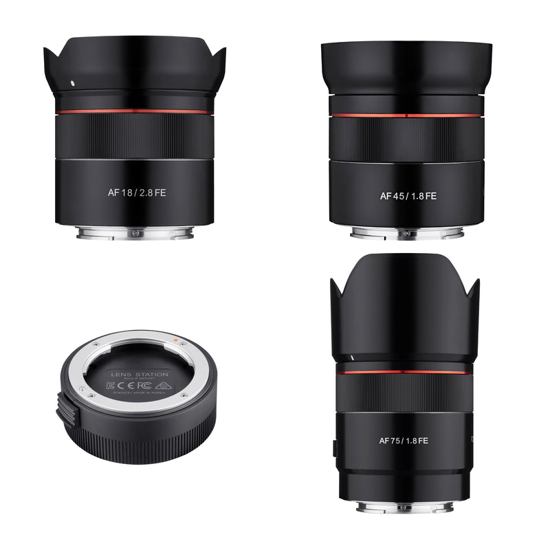 Rokinon 18, 45, 75mm Compact Auto Focus Lens Bundle with Lens Station (Sony E)