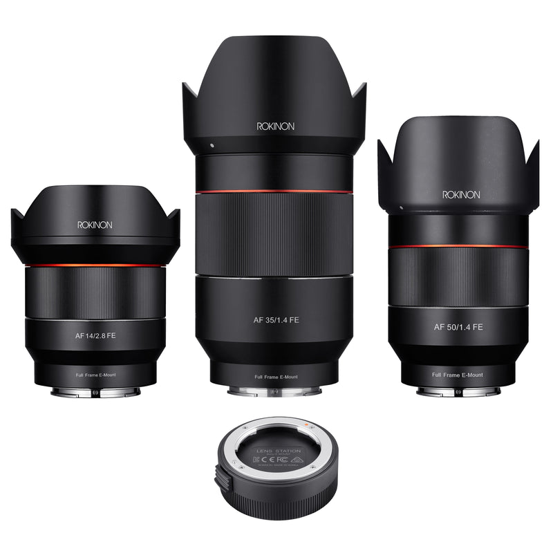 Rokinon 14, 35, 50mm Auto Focus Lens Bundle with Lens Station (Sony E)