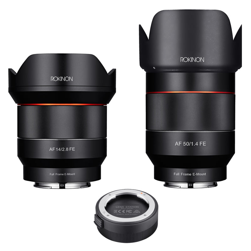 Rokinon 14, 50mm Auto Focus Lens Bundle with Lens Station (Sony E)